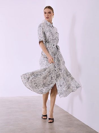 Printed shirt dress with belt in grey