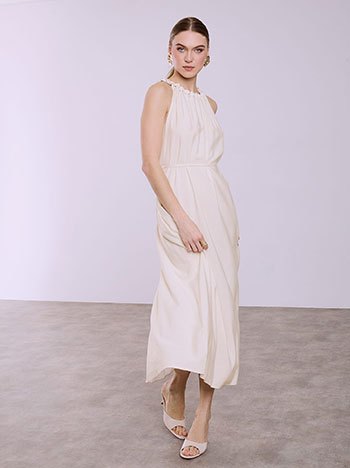 Φόρεμα μάξι με λινό σε μπεζ ανοιχτό