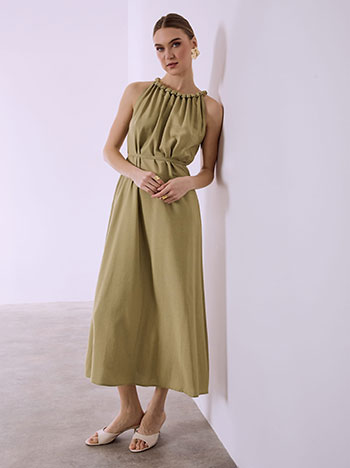 Φόρεμα μάξι με λινό σε χακί ανοιχτό