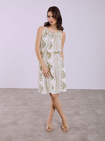 Φόρεμα εμπριμέ με μεταλλιζέ ρίγες σε χακί ανοιχτό