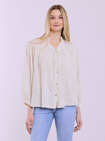 Shirt with embroidered eyelet details in light beige