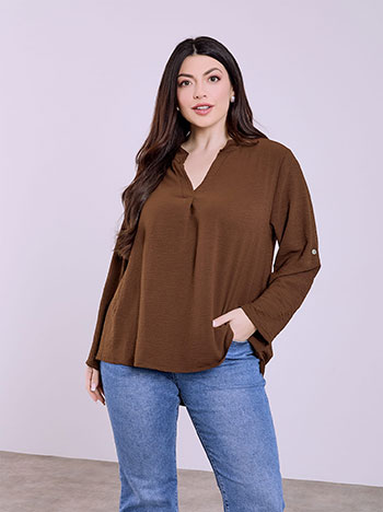 Μπλούζα μονόχρωμη με πιέτα σε καφέ