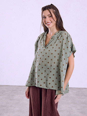 Polka dot cotton top in khaki
