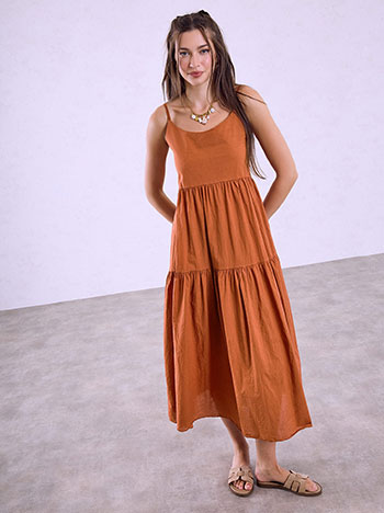 Cotton midi dress with ruffles in terracota
