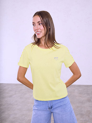 T-shirt with rhinestone heart detail in yellow