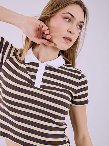 Μπλούζα ριγέ με γιακά σε καφέ