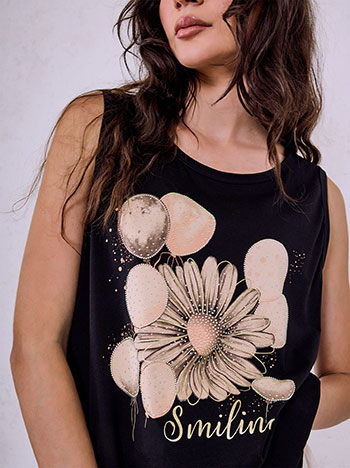 Sleeveless top with graphic print in black