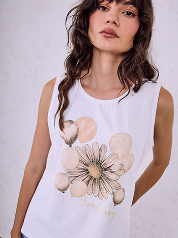 Sleeveless top with graphic print in white