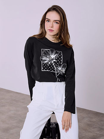 Μπλούζα με τύπωμα και strass σε μαύρο