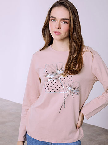 Top with graphic and strass in pink