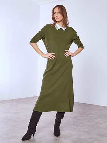 Dress with strass on collar in khaki