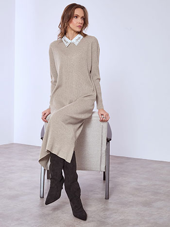 Dress with strass on collar in light brown