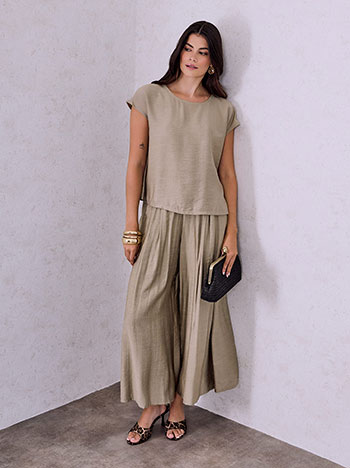 Blouse and wide leg trousers set in dark beige