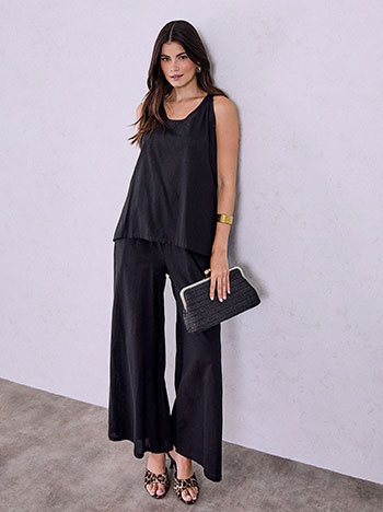 Top and wide leg trousers with linen set in black
