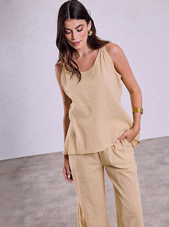 Top and wide leg trousers with linen set in beige