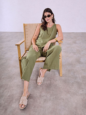 Top and wide leg trousers with linen set in khaki