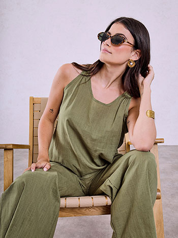 Top and wide leg trousers with linen set in khaki