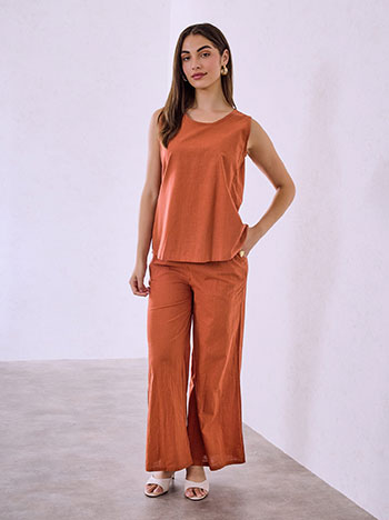 Top and wide leg trousers set with linen in terracota