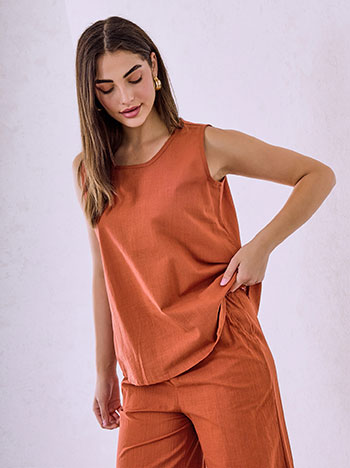 Top and wide leg trousers set with linen in terracota
