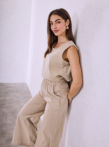 Top and wide leg trousers set with linen in beige
