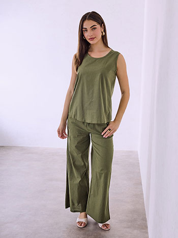 Top and wide leg trousers set with linen in khaki