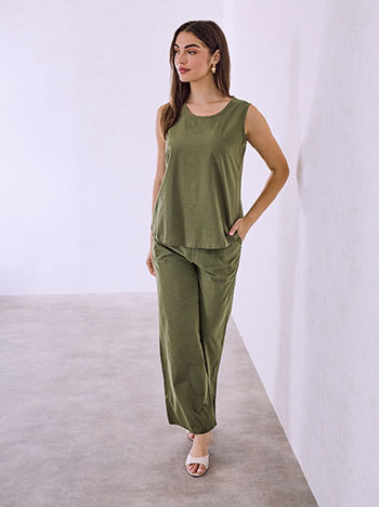 Top and wide leg trousers set with linen in khaki