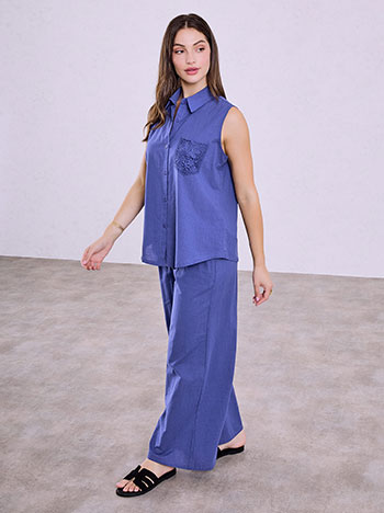 Sleeveless shirt and wide leg trousers set in blue