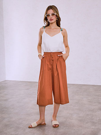 Culotte trousers with linen in terracota