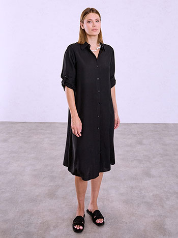 Midi solid colour shirt dress in black