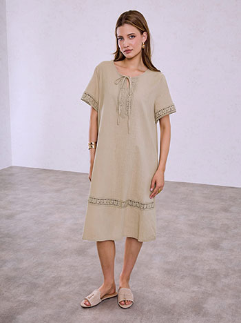 Midi dress with crochet details in dark beige