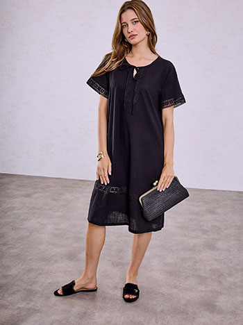 Midi dress with crochet details in black