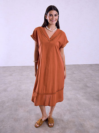 Midi dress with perforated details in terracota