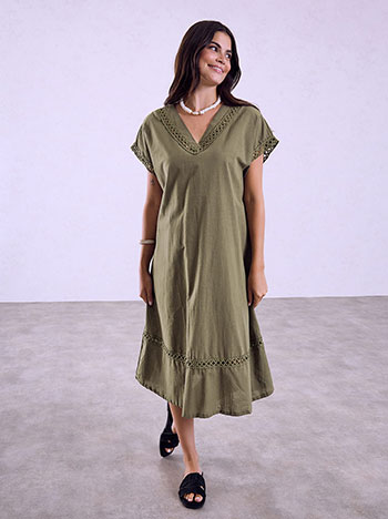 Midi dress with perforated details in khaki