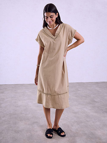 Midi dress with perforated details in light brown