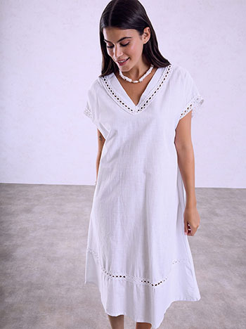 Midi dress with perforated details in white