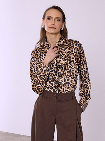 Shirt satin leopard with ruffles in brown