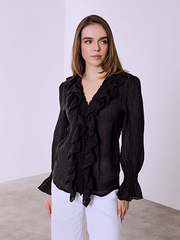 Πουκάμισο ημιδιάφανο με βολάν σε μαύρο