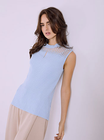 Top with semi sheer upper part in sky blue