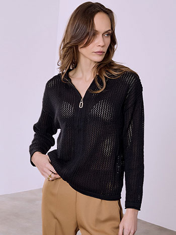 Ζακέτα διάτρητη με κουκούλα σε μαύρο