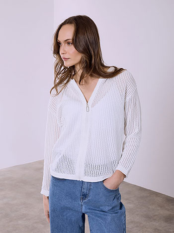 Ζακέτα διάτρητη με κουκούλα σε λευκό