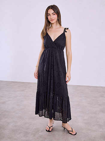 Embroidered dress with tassels in black