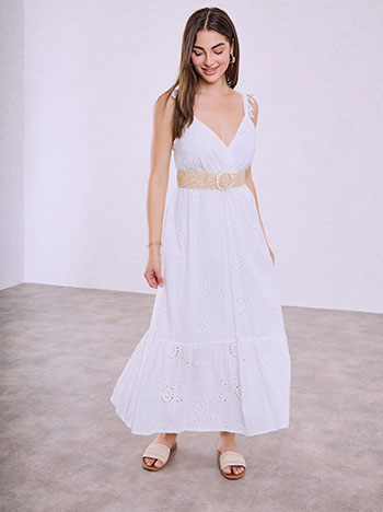 Embroidered dress with tassels in white