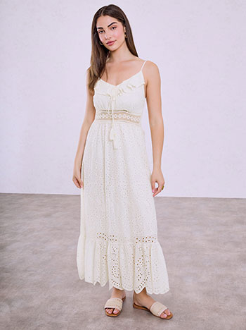 Embroidered eyelet strappy dress in light beige