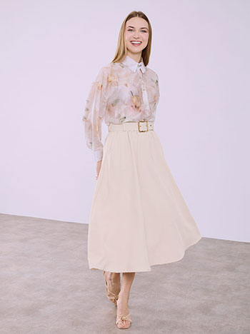 Φούστα μίντι με ζώνη σε μπεζ