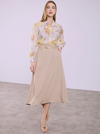 Φούστα μίντι με ζώνη σε καφέ ανοιχτό