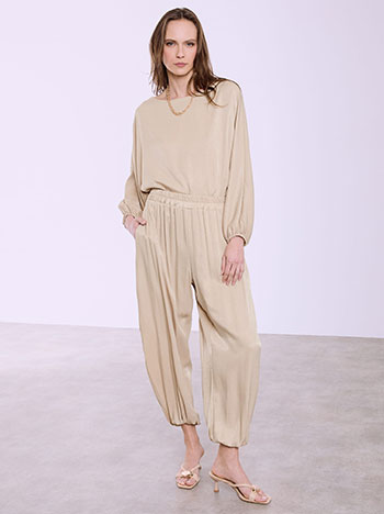 Satin trousers with elastic hemline in beige