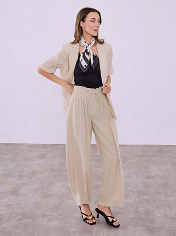Wide leg trousers with elastic waistband in beige