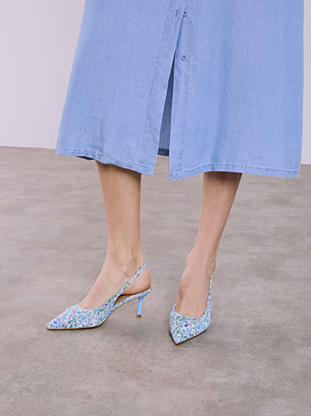 Printed slingback pumps with iridescent effect in sky blue