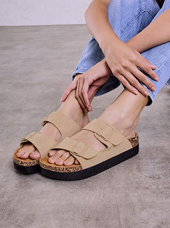 Suede like flat sandals in beige