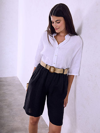 Linen brmuda shorts with straw belt in black